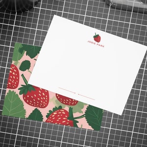 Personalized Strawberry Notecard with Envelope Stationary Set for Women, Custom Fruit Berry Thank You Notes, Pink Botanical Flat Note Set