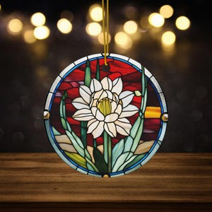 Night Blooming Cereus Flower Ceramic Ornament, Faux Stained Glass, Queen of the Night Cactus Lover Gift for Gardeners, Plant Gift for Her