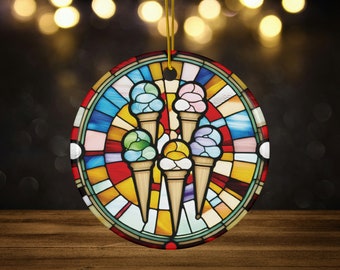 Ice Cream Cones Faux Stained Glass Ceramic Christmas Ornament for Dessert Lovers, Summer Keepsake, Ice Cream Xmas Gift, funny Food ornament