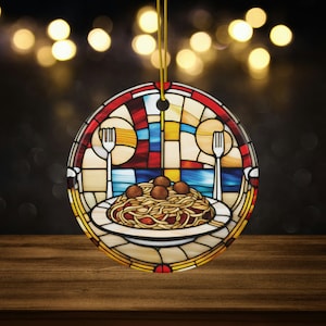 Enfeite de Natal de cerâmica com vitral falso de espaguete e almôndegas para amantes da comida italiana, enfeite de macarrão, enfeite de chef, presente de macarrão