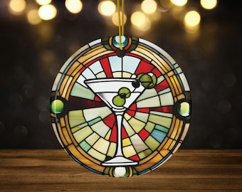 Dirty Martini Drink Faux Stained Glass Design Ceramic Ornament for Martini Lovers, olive and vodka gift, funny happy hour xmas drunk humor