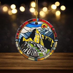 Machu Picchu Ceramic Ornament, Faux Stained Glass, Inca Peruvian Ornament for Traveler, South America Travel Vacation Keepsake, World Wonder