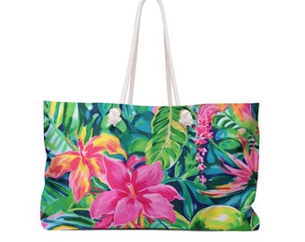 Watercolor Flower Weekender Bag, Colorful Tropical Fruit Oversized Totebag with Rope Handle, Cute Hibiscus Summer Beach Bag for Vacation