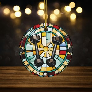 Dumbbell Gym Lover Faux Stained Glass Design Ceramic Ornaments for Fitness Enthusiast, Bodybuilders, Weightlifting, Crossfit gift Christmas