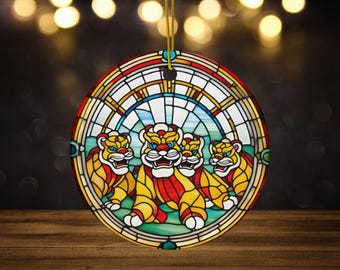 Chinese Lion Dance Ceramic Ornament, Faux Stained Glass, Chinese New Year Parade Ornament Lion Dancer, Asian China Travel Keepsake Gift