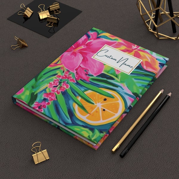 Personalized Oversized Name Tropical Fruit Journal, Vibrant Watercolor Floral Summer Travel Notebook Gift for Women, Daily Gratitude Journal