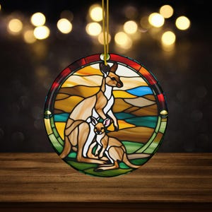 Kangaroo and Joey Ceramic Ornament, Faux Stained Glass, Kangaroo Lover Ornament, Australian Travel Keepsake, Marsupial Animal Zoo Ornament