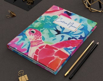 Personalized  Name Sea Turtle Journal, Sea Animal Watercolor Marine Travel Notebook Gift for Ocean Lovers, Summer Daily Gratitude Journal