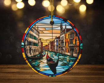 Venice Grand Canal Ceramic Ornament, Faux Stained Glass Ornament for Italy Travelers, Europe Summer Travel Vacation Keepsake Souvenir