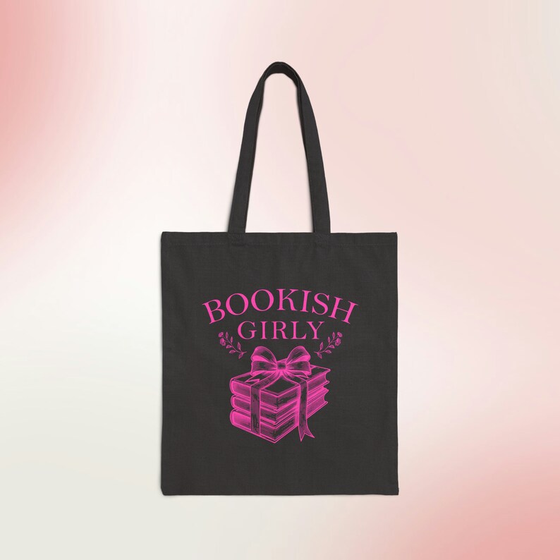 Bookish Girly Vintage Coquette Canvas Tote Bag for Book Lovers, Readers Gift, Bookworm Bag, Book Club, Cute Pink Farmers Market Grocery Bag image 2