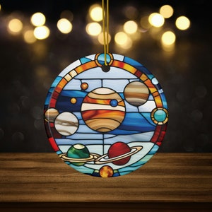 Planet Galaxy Faux Stained Glass Design Ceramic Ornament for space lovers, planet enthusiast gift, cool home decor christmas gift for boys