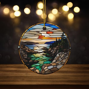 Acadia National Park Ceramic Ornament, Faux Stained Glass Ornament for Maine Travel Keepsake, Hiking Scenic Nature Ornament, Bar Harbor