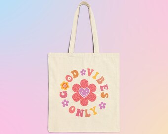 Good Vibes Only Floral Totebag, Cute Groovy Daisy Flower Tote, Mental Health Gift, Positive Saying Bag, Happy Inspirational Bag, Teacher bag