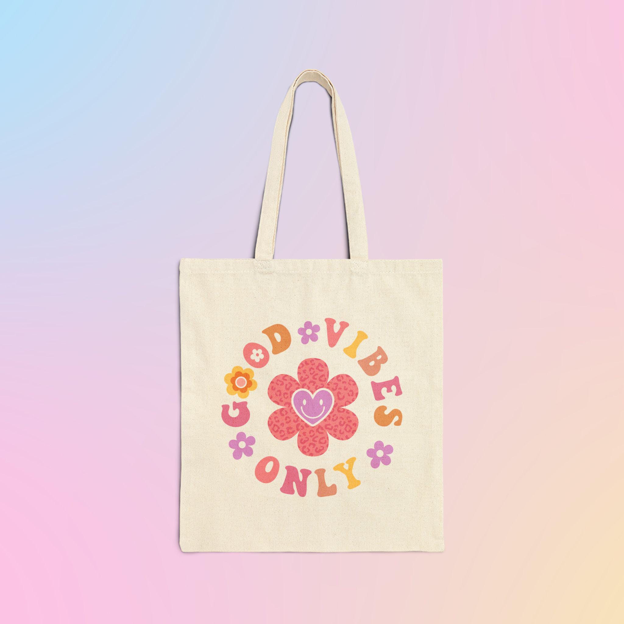 Good Vibes Only Floral Totebag, Cute Groovy Daisy Flower Tote