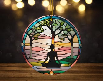 Yoga Namaste Ceramic Ornament, Faux Stained Glass, Yoga Lover Ornament for Yoga Instructor, Zen Meditation Ornament, Workout Asana Gift