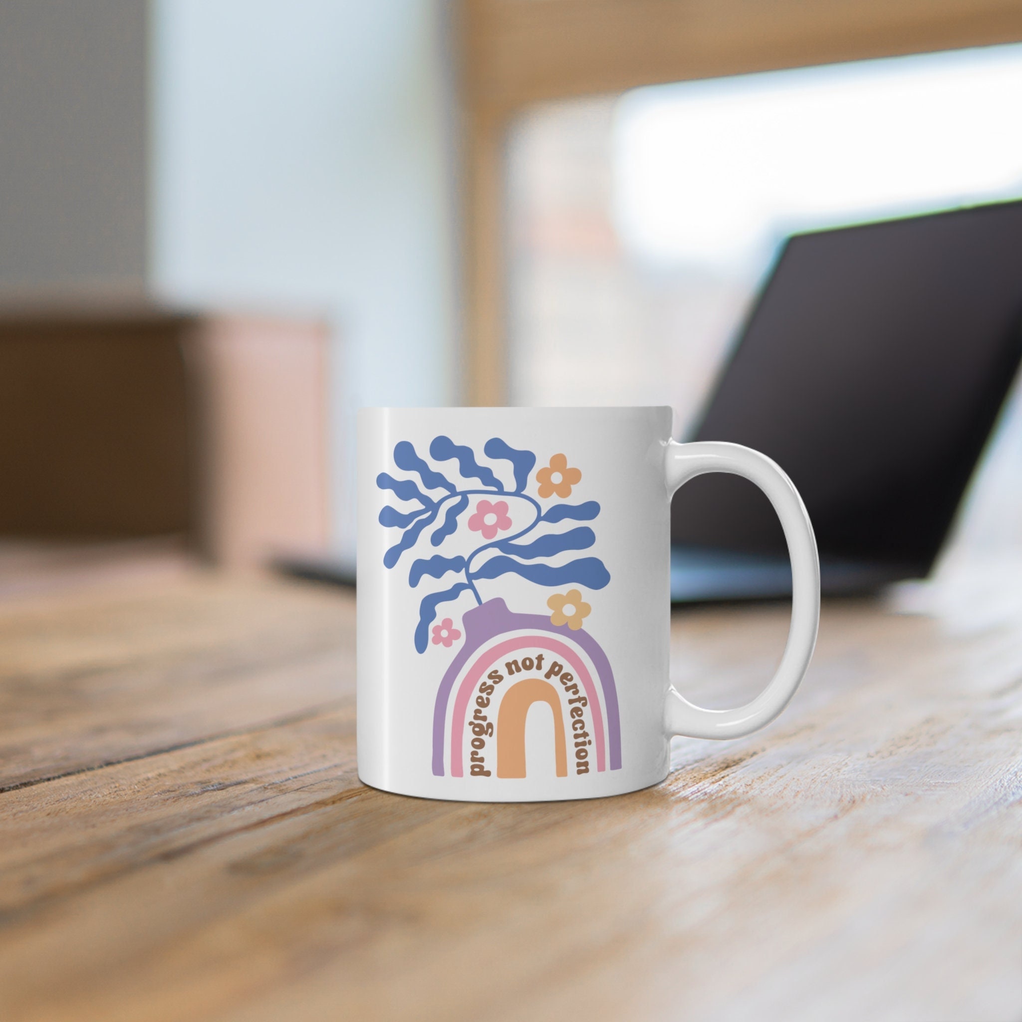 Progress Not Perfection Mug, 11oz Cute Boho Rainbow Mug, Inspirational Quote, Positive Mental Health Mug, Self Care Gift, Coffee Cup Gift