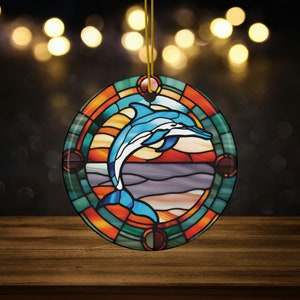 Dolphin on Sunset Faux Stained Glass Design Ceramic Ornament for Marine Animal Lovers, Beach Ocean Christmas Ornament, aquatic dolphin gifts