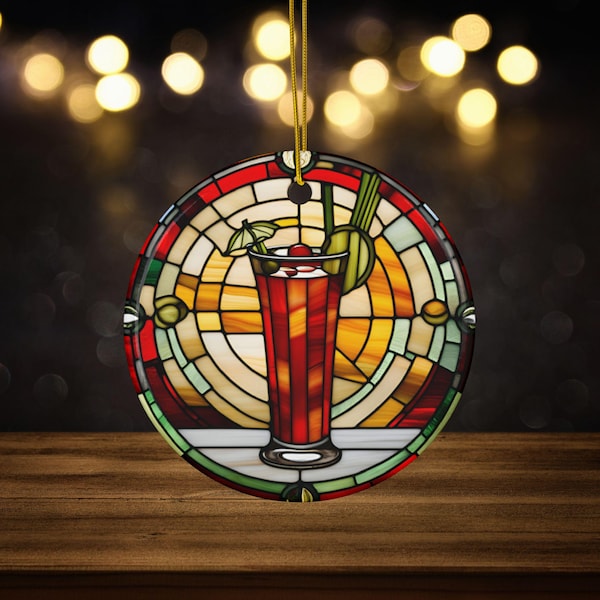 Bloody Mary Brunch Cocktail Drink Ceramic Ornament, Faux Stained Glass, Alcohol Christmas Ornament, Drunk Humor, Travel Vacation Bach Party