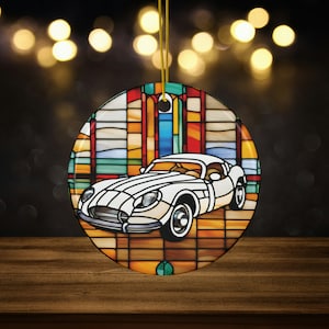 Vintage Car Faux Stained Glass Design Ceramic Ornament for Car Lovers, Luxury Car ornament for him, cool white sports car ornament for boys