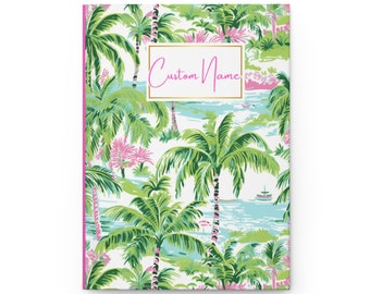 Personalized  Name Preppy Tropical Journal, Pink Green Island Vacation Notebook Gift for Writers, Colorful Daily Gratitude Journal