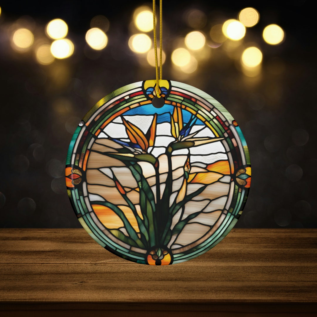 Birds of Paradise Faux Stained Glass Design Ceramic Ornament for Plant ...