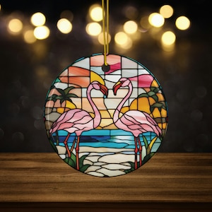 Two Pink Flamingo Lovebirds Beach Sunset Ceramic Ornament, Tropical Flamingo Christmas Gift, faux stained glass design, travel keepsake