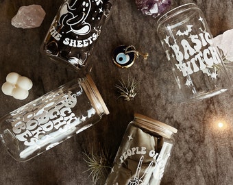 Funny Cute 16 oz Halloween glass cup, Spooky Babe, Basic Witch, Freak in the Sheets, Thick Thighs Spooky Vibes, cute halloween tumbler,