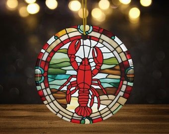 Ornement de Noël en céramique de faux vitraux de homard du Maine pour les amateurs de fruits de mer, ébullition de homard, décoration intérieure côtière, pêcheur d’ornement nautique