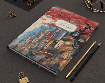 Personalized Vintage Japan Travel Cityscape Journal, Urban Asian Food and Travel Memory Diary, Honeymoon Keepsake Gift for Vacation Planner