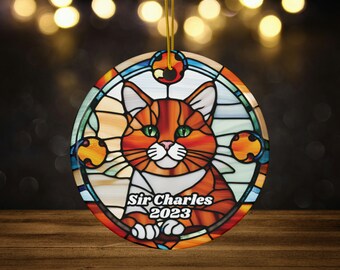 Custom Orange Cat Faux Stained Glass Ceramic Ornament, Personalized Christmas Ornament, Pet Keepsake gift, orange cat owners, ginger cat