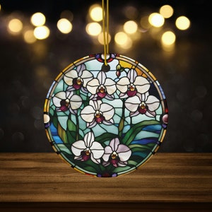 White Purple Orchid Blooms Faux Stained Glass Design Ceramic Ornament for Plant Lovers, Wild Orchid Ornament Gift for Gardeners, Floral home