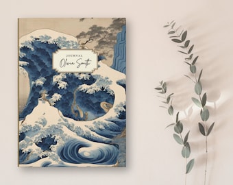 Personalized Japanese Vintage Waves Design Daily Journal for Writers, Custom Name Hardcover Notebook Gift, Wellness Diary, Travel Journal