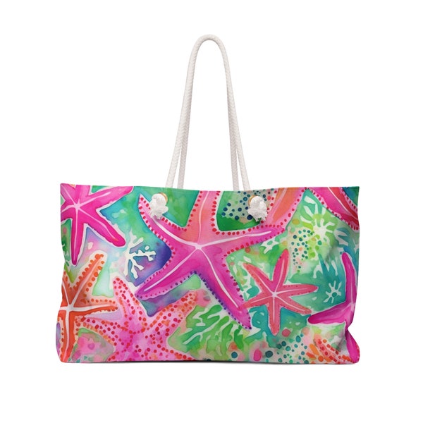 Watercolor Starfish Weekender Bag, Colorful Tropical Oversized Totebag with Rope Handle, Summer Beach Bag for Vacation, Women Shopping Bag