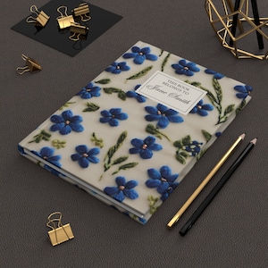 Personalized Dark Blue Flower Journal, PRINTED Embroidered Notebook, Wildflower Keepsake Daily Diary, Summer Floral Cottagecore Memory Book