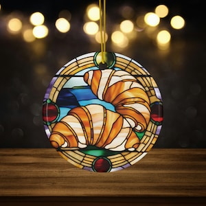 French Croissant Faux Stained Glass Ceramic Christmas Ornament for Pastry Lovers, Dessert Lovers, Bakery Gift, Breakfast Ornament for Bakers