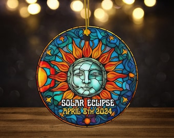Moon Sun Total Solar Eclipse 2024 Ceramic Ornament for Astronomy lovers, Faux Stained Glass Eclipse Bauble, Memory Keepsake ornament gift