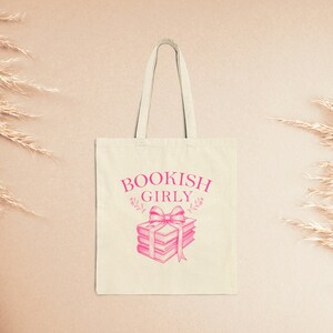 Bookish Girly Vintage Coquette Canvas Tote Bag for Book Lovers, Readers Gift, Bookworm Bag, Book Club, Cute Pink Farmers Market Grocery Bag image 3
