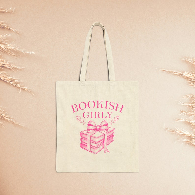 Bookish Girly Vintage Coquette Canvas Tote Bag for Book Lovers, Readers Gift, Bookworm Bag, Book Club, Cute Pink Farmers Market Grocery Bag image 3