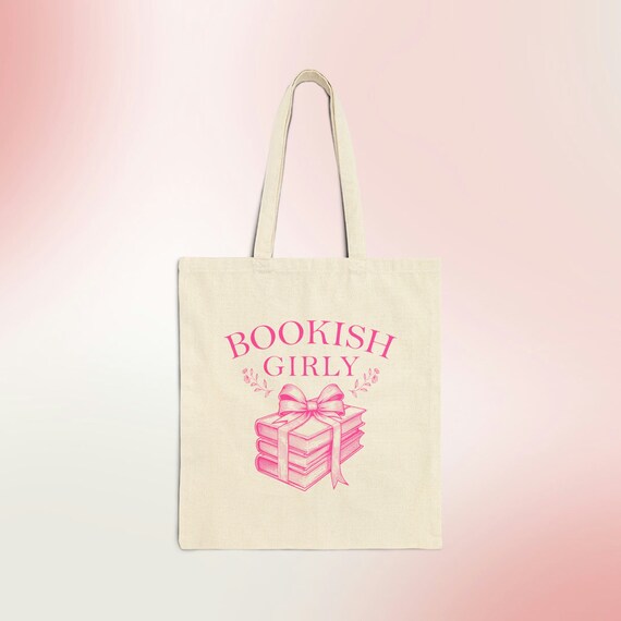Bookish Girly Vintage Coquette Canvas Tote Bag for Book Lovers, Readers Gift, Bookworm Bag, Book Club, Cute Pink Farmers Market Grocery Bag
