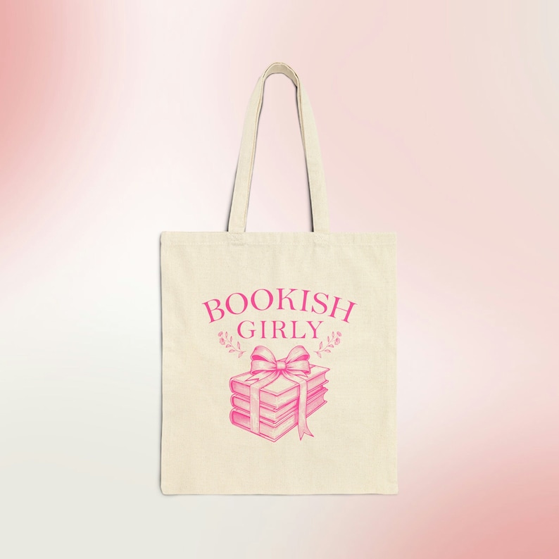Bookish Girly Vintage Coquette Canvas Tote Bag for Book Lovers, Readers Gift, Bookworm Bag, Book Club, Cute Pink Farmers Market Grocery Bag image 1