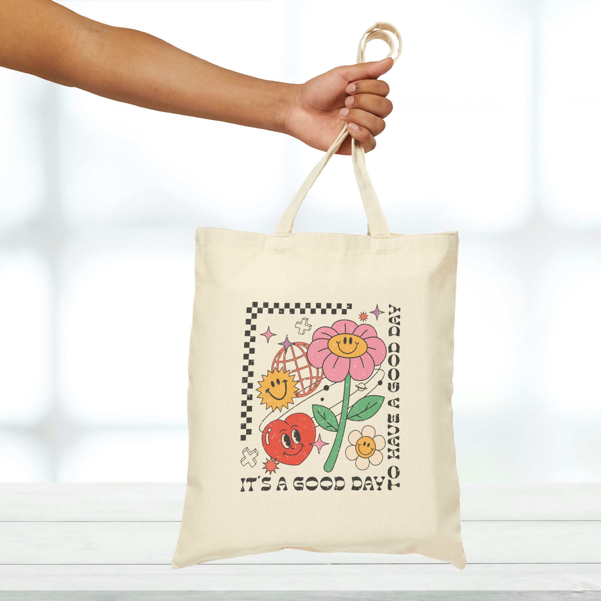 It's a Good Day Canvas Tote Bag, Cute Retro Flower Daisy