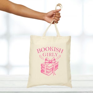 Bookish Girly Vintage Coquette Canvas Tote Bag for Book Lovers, Readers Gift, Bookworm Bag, Book Club, Cute Pink Farmers Market Grocery Bag image 5