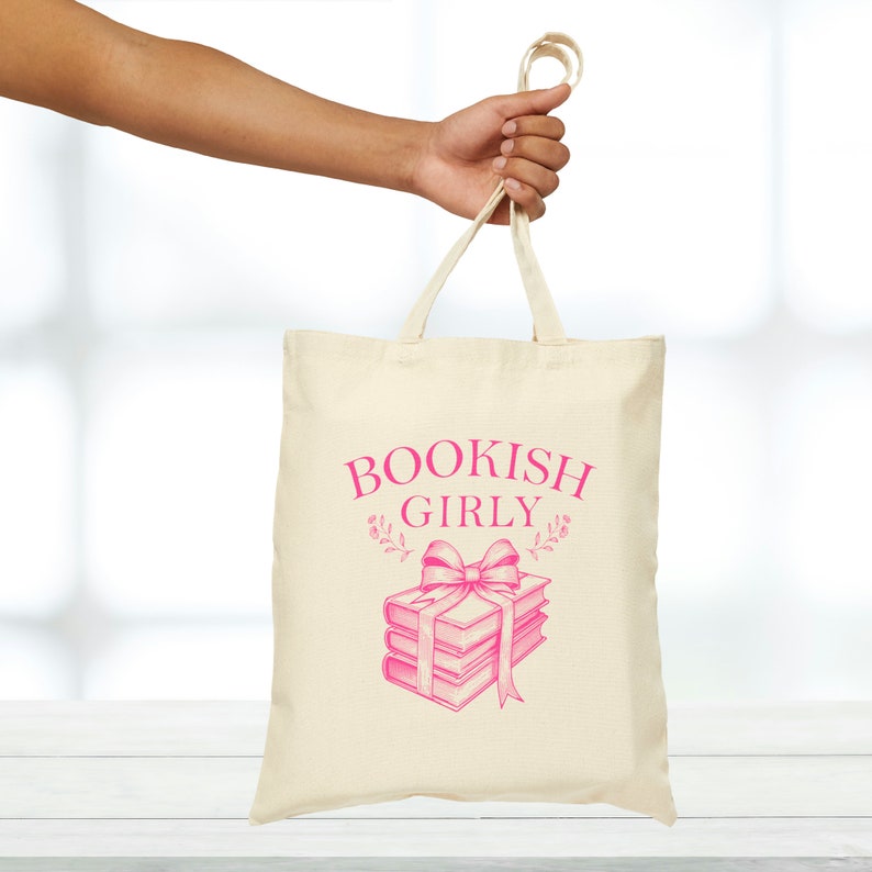 Bookish Girly Vintage Coquette Canvas Tote Bag for Book Lovers, Readers Gift, Bookworm Bag, Book Club, Cute Pink Farmers Market Grocery Bag image 5