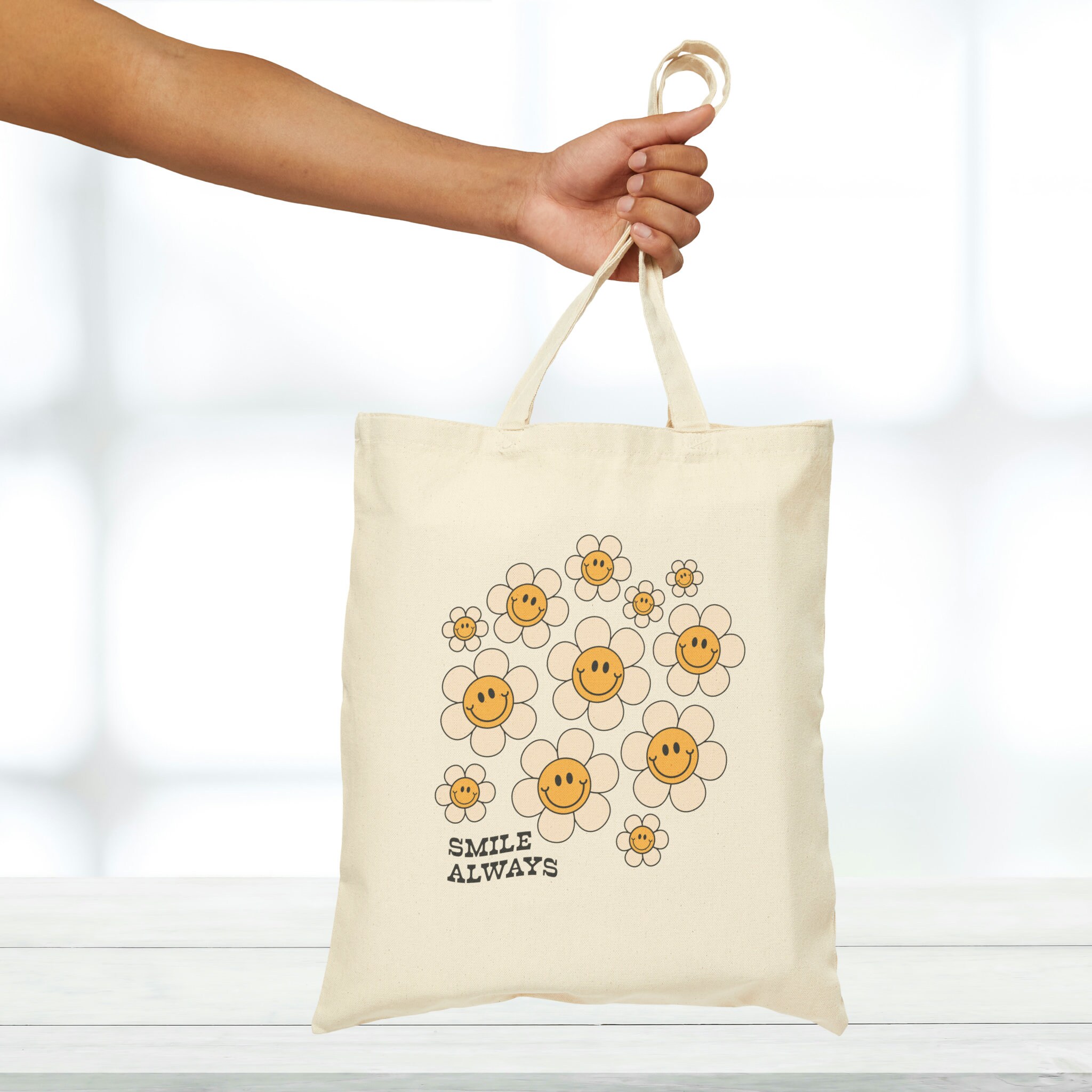 Smile Always Retro Flower Canvas Tote Bag, Cute Retro Mental