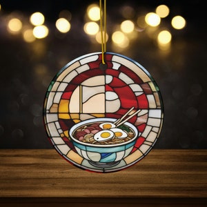 Ramen Noodle Soup Bowl with Egg Faux Stained Glass Design Ceramic Ornament for Japanese Food Lovers, Asian Food Christmas Ornament, gag gift