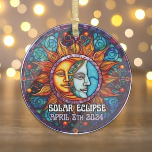 Total Solar Eclipse 2024 Acrylic Ornament, Faux Stained Glass Moon Star Ornament for Astronomy lovers, Keepsake Astrology Bauble Memory Gift