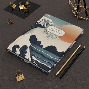 Personalized Minimalistic Waves Journal for Women, Asian Japanese style art Notebook Gift for Writers, Daily Wellness diary for gratitude