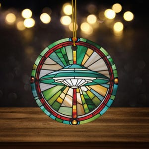 Alien UFO Ceramic Ornament, Faux Stained Glass, Alien Abduction ornament, UFO Spaceship ornament, Area 41, Extraterrestrial Martian Ornament