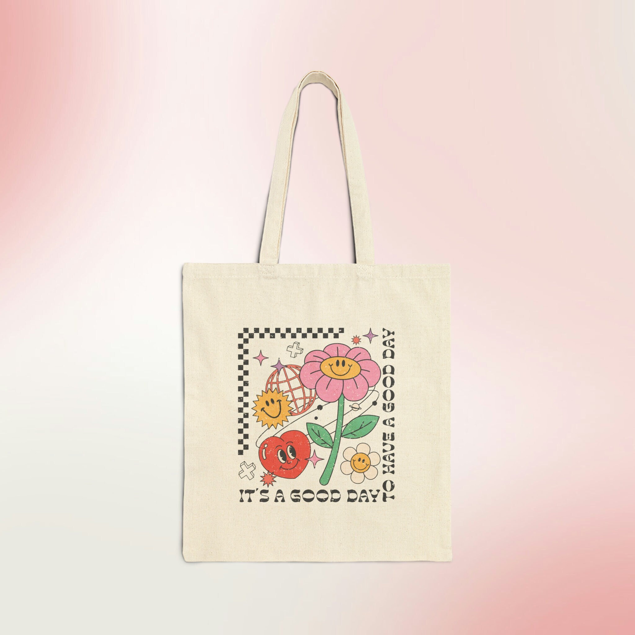 It's a Good Day Canvas Tote Bag, Cute Retro Flower Daisy Heart