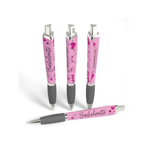 May include: Four pink pens with a bachelorette party theme. The pens have different designs, including hearts, rings, and the words "Bachelorette" and "Your Important Night".